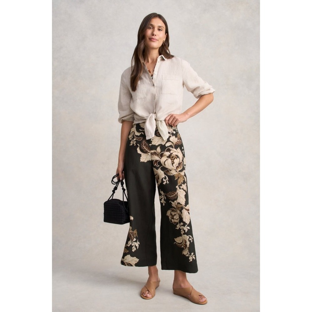 NWT Blue Illusion Linen Blend Wide Leg Pants in Black Foliage Print Size Medium
